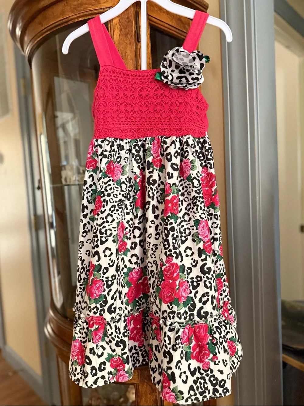 Red Pink Crochet-Top Floral Leopard Girls' Sun Dress